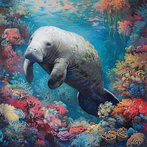 Manatee against coral reef, expansive view