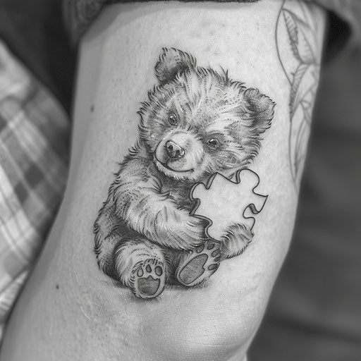 Sketch-style tattoo of a bear cub holding a puzzle piece