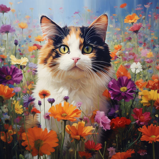Calico cat in a field of flowers