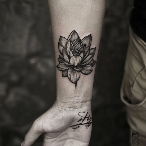 Lotus wrist tattoo in the style of J.P. Targete
