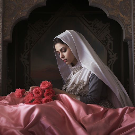 Woman in kafan or white scarf on a bed in a mosque, dark silver and pink