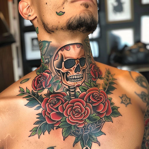 Men's neck tattoo of traditional roses and skulls