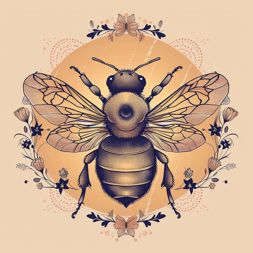 Elegant sketch of a queen bee with delicate lace patterns and soft pastel colors in a flat clipart design