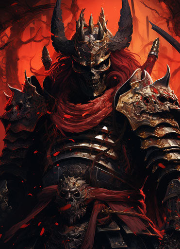 Masamune samurai in armor, holding two swords, dark red and orange style, dystopian, dragoncore, bold, colorful, large-scale, skeletal, detailed facial features 55:76