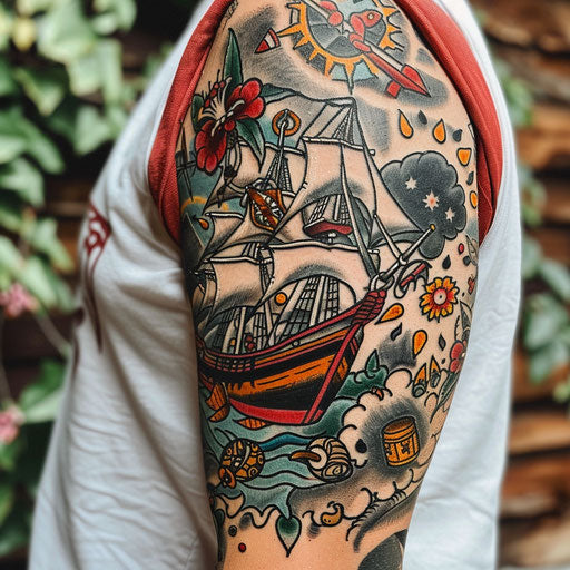 Classic nautical tattoo with anchors and ships