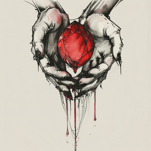 Bold sketch of a ruby held by clawed hands