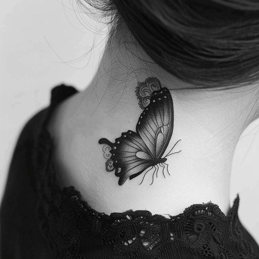 Neck tattoos for women in the style of Ami James with a minimalist butterfly