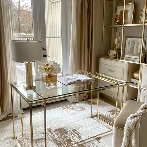 Stylish home office with gold accents and luxurious textiles