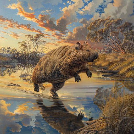 Wombat running along a riverbank with reflections of the sky, in the style of Will Burrard-Lucas