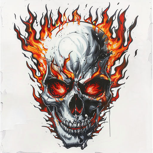 Aggressive skull with flames as tattoo on white background