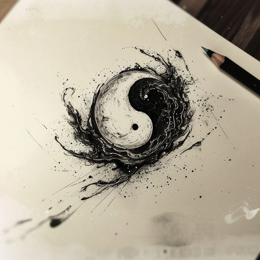 Creative flat tattoo sketch featuring a modern twist on a yin-yang symbol, using black and white contrasts