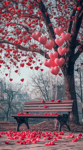 Bench under tree with pink heart balloons and red roses