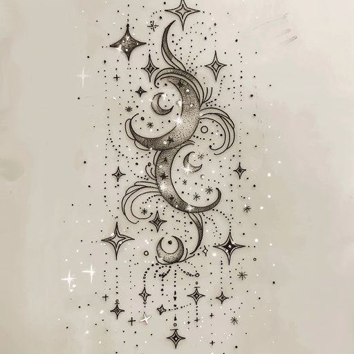 Celestial lace tattoo sketch with twinkling stars and scattered crescent moons