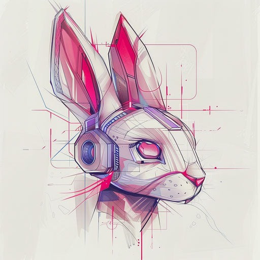Futuristic cyber bunny tattoo sketch with neon lines