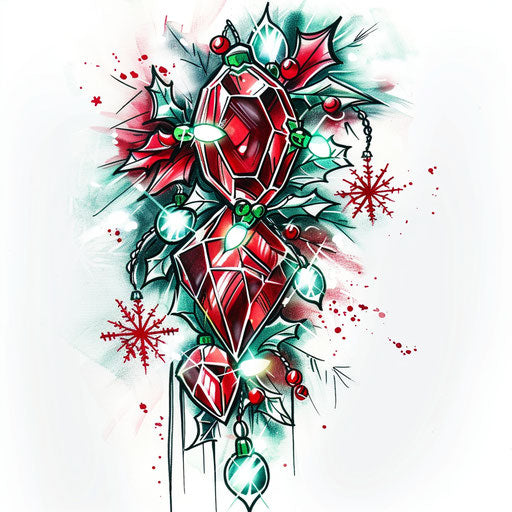 Festive tattoo sketch of a ruby surrounded by holiday lights and snowflakes, clipart style