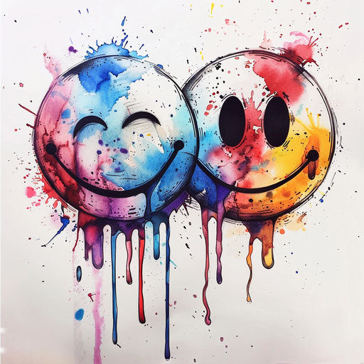 Watercolor style smiley face tattoo design, splashes of color, on white backdrop