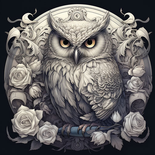 Adult coloring book with round owl and flowers