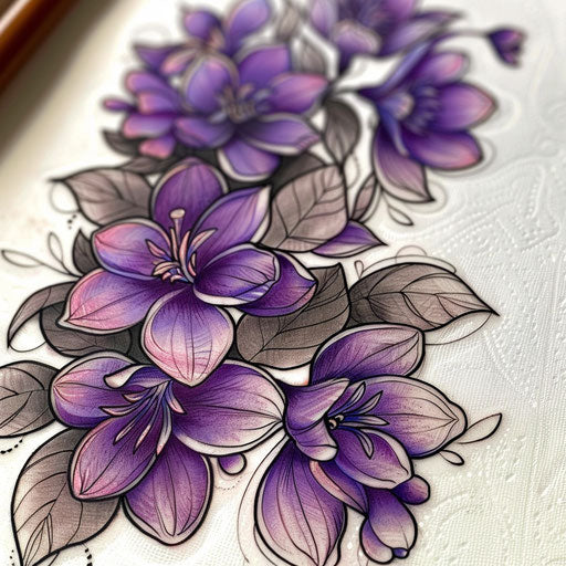 Neo-traditional lilac tattoo with vibrant purples on white