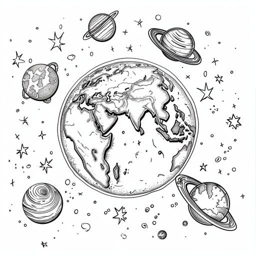 Earth surrounded by planets and stars, cartoon style