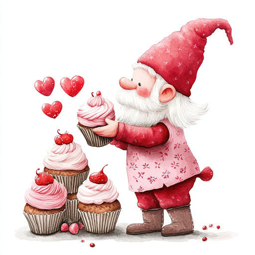 Gnome making cupcakes for Valentine's Day