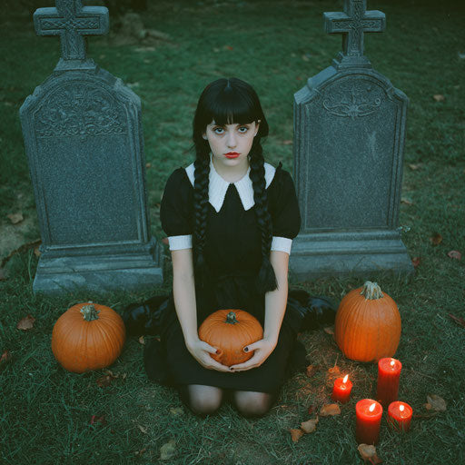 Melancholic Autumn Scene with Pumpkins and Gravestones