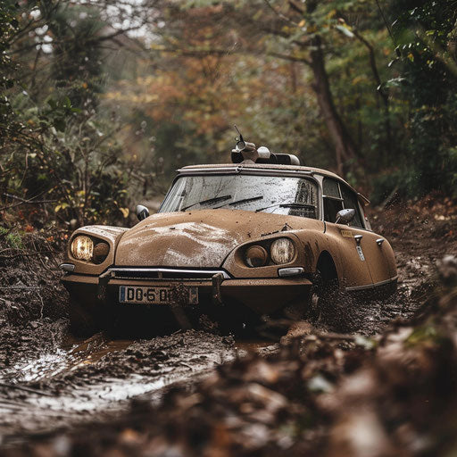 Vintage Citroen DS 20 with oversized fat tires navigating muddy off-road track