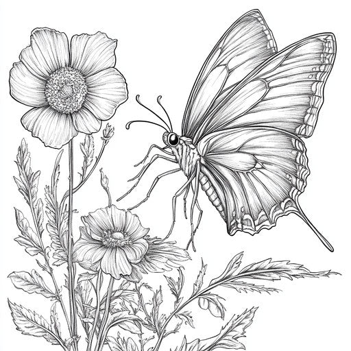 Flower and butterfly with natural details, realistic and intricate