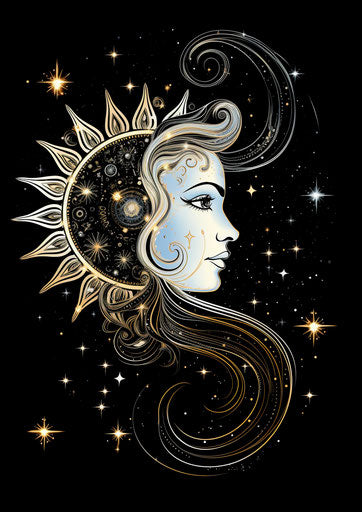 Sun, moon, stars in black and white, serene faces, crystal tattoo