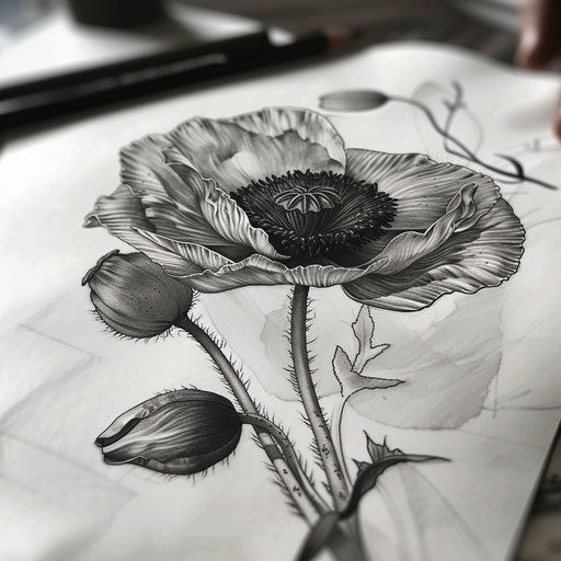 Black and grey realism poppy tattoo design