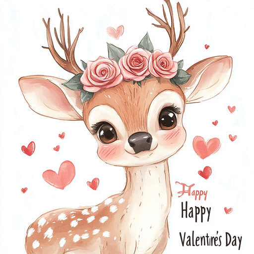 Adorable baby deer with pink roses in hair and hearts