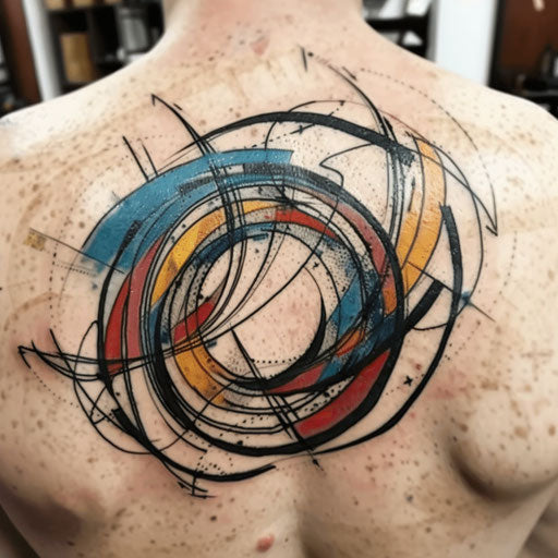 Dynamic flat tattoo sketch of an abstract circle with swirling lines and bold colors