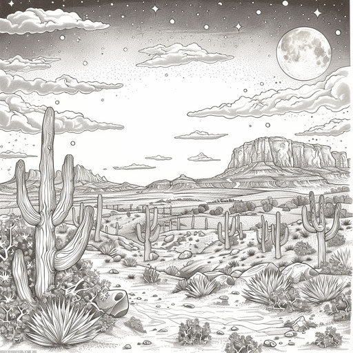 Desert night scene with full moon and stars