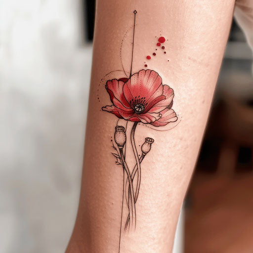 Minimalist poppy tattoo concept with clean lines and a splash of red, designed as a stencil on a white surface.