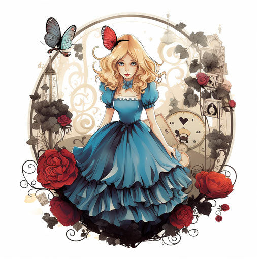 Alice in Wonderland clipart in the style of Chiaroscuro Art, on a white background
