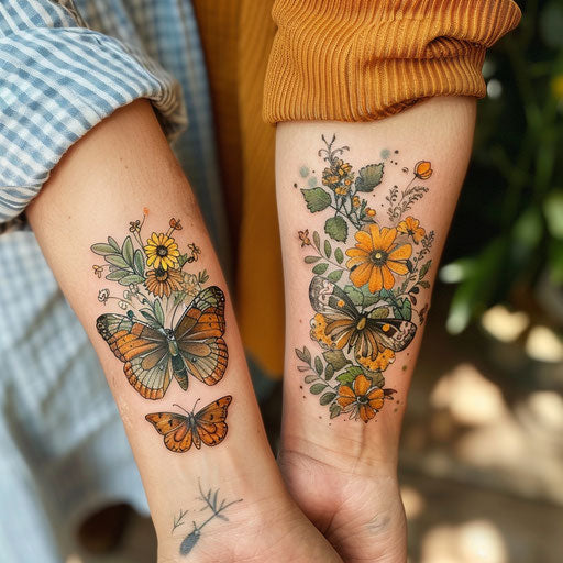 Siblings' tattoos inspired by Maria Sibylla Merian's style with botanical elements
