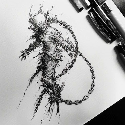 Dynamic flat tattoo sketch of a soul breaking free from earthly chains
