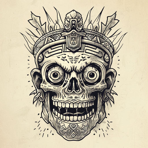 Cultural flat tattoo sketch of a shrunken head with traditional South American patterns