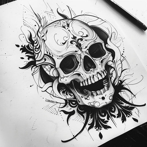 Neo-Traditional Skull Tattoo in Black Ink, on White Backdrop