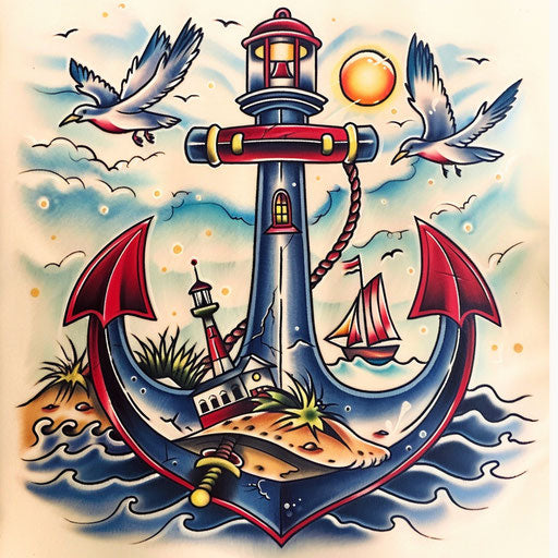 Traditional sailor tattoo with anchor, beach, lighthouse, seagulls