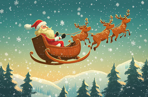 Santa Claus in his sleigh flying with reindeer