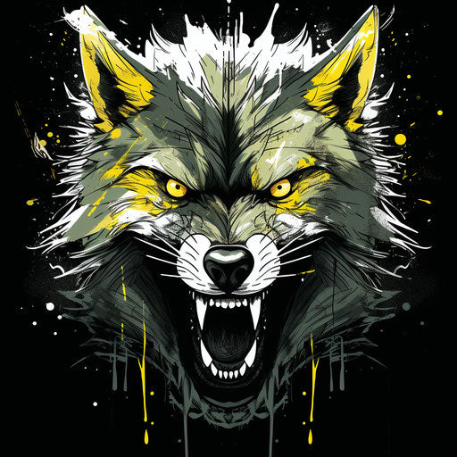 Dark white and yellow wolf head line drawing