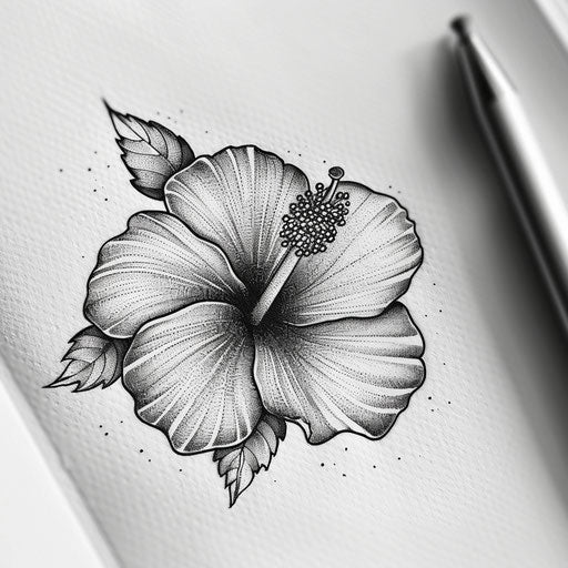 Hibiscus tattoo in dotwork style on white background