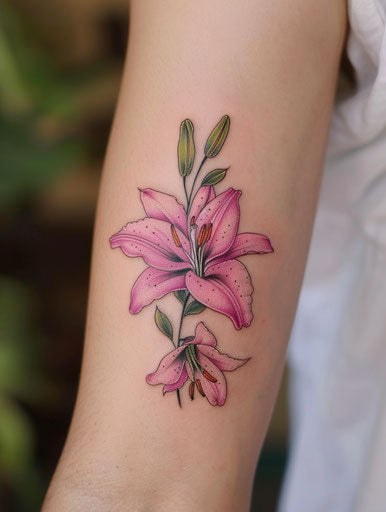 Pink lily tattoo, colorful drawings style, joyful nature celebration