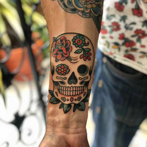 Men's wrist tattoos traditional skull Sailor Jerry style