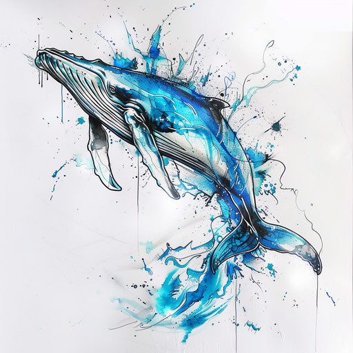 Dynamic sketch of a whale breach, with splashing water effects in vivid blue