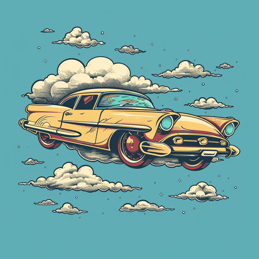 Surreal flat tattoo sketch of a flying car