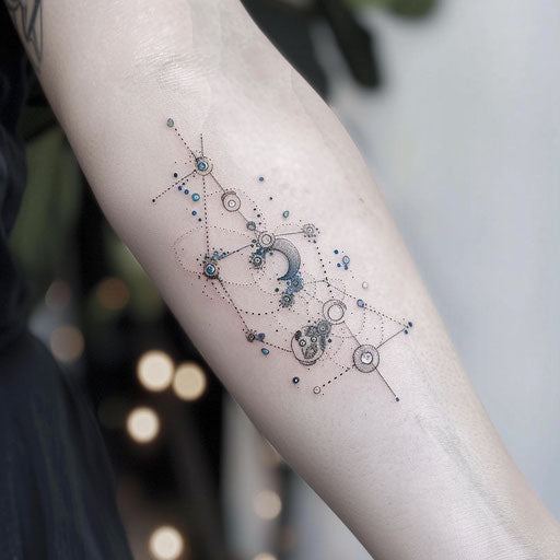 Whimsical flat tattoo sketch of the Aquarius constellation with playful zodiac symbols
