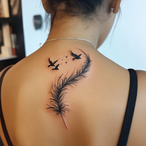 Delicate feather turning into birds back shoulder tattoo