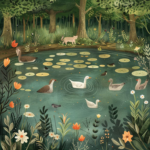 Serene pond with animals frolicking in and around the water