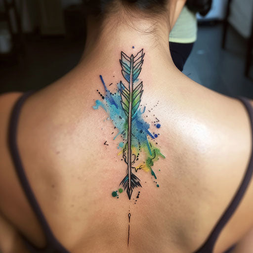 Watercolor arrow tattoo, vibrant blues and greens